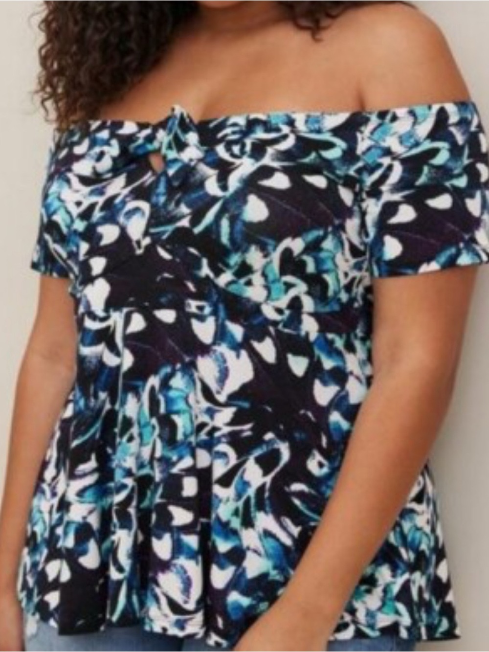 Torrid Off Shoulder Top Womens 3 Blue Good Abstract Tie Front Super Soft Knit